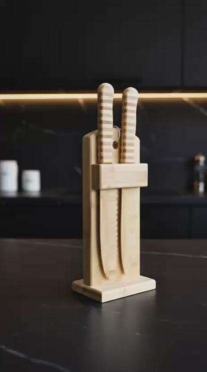 Doğal Bambu Bıçak Seti – 2’li Şef & Ekmek Bıçağı + Bambu Blok Stand