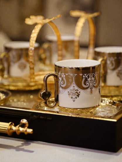 Lüks Altın Detaylı 6’lı Kahve Fincan Takımı – Tepsi Dahil