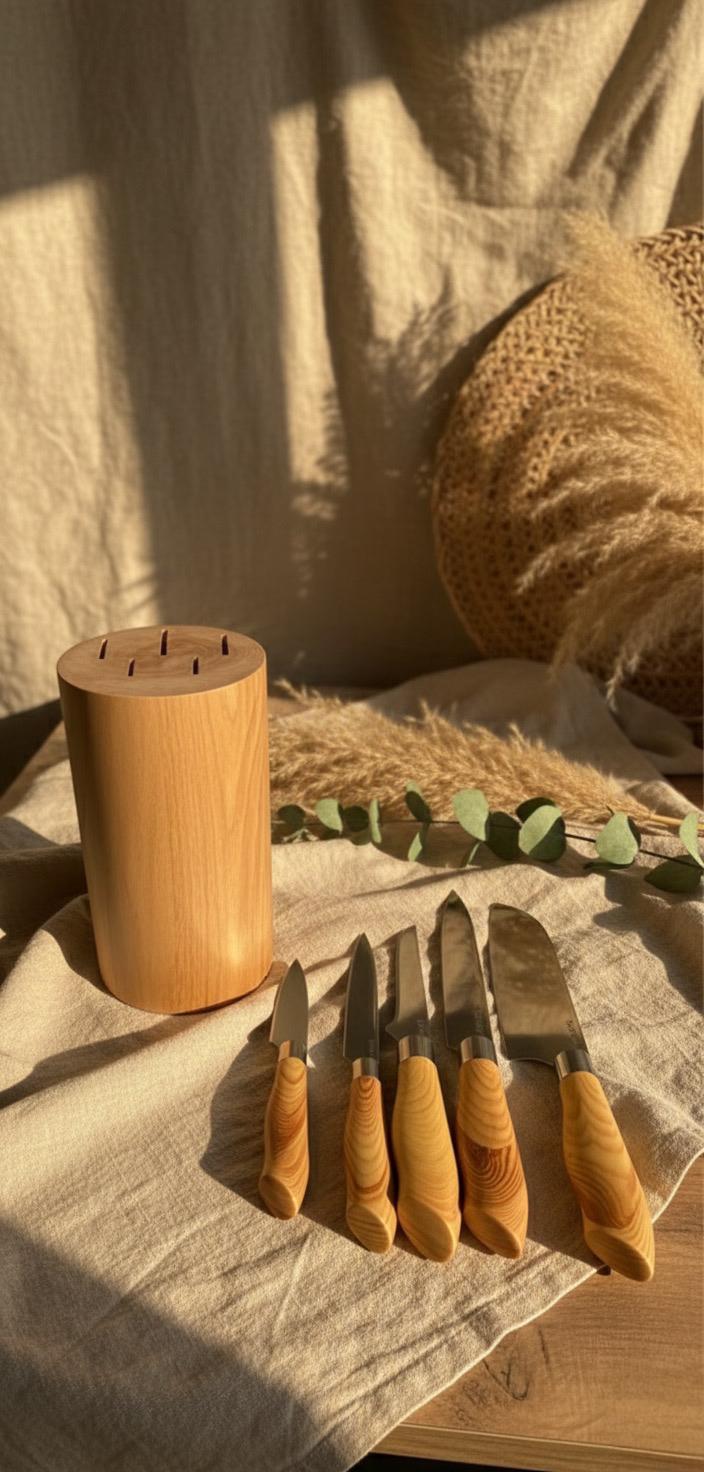 Ahşap Saplı 5’li Bıçak Seti ve Doğal Ahşap Blok – Şık, Dayanıklı ve Premium Sunum