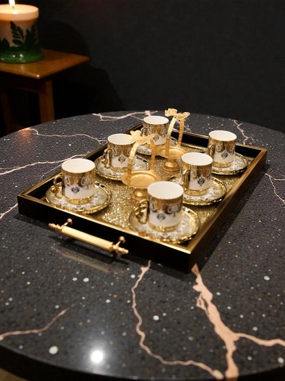 Lüks Altın Detaylı 6’lı Kahve Fincan Takımı – Tepsi Dahil