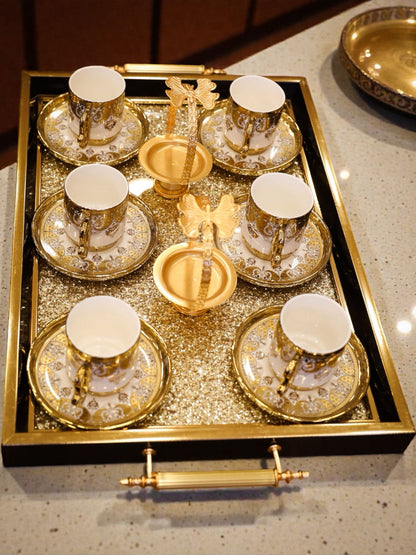 Lüks Altın Detaylı 6’lı Kahve Fincan Takımı – Tepsi Dahil