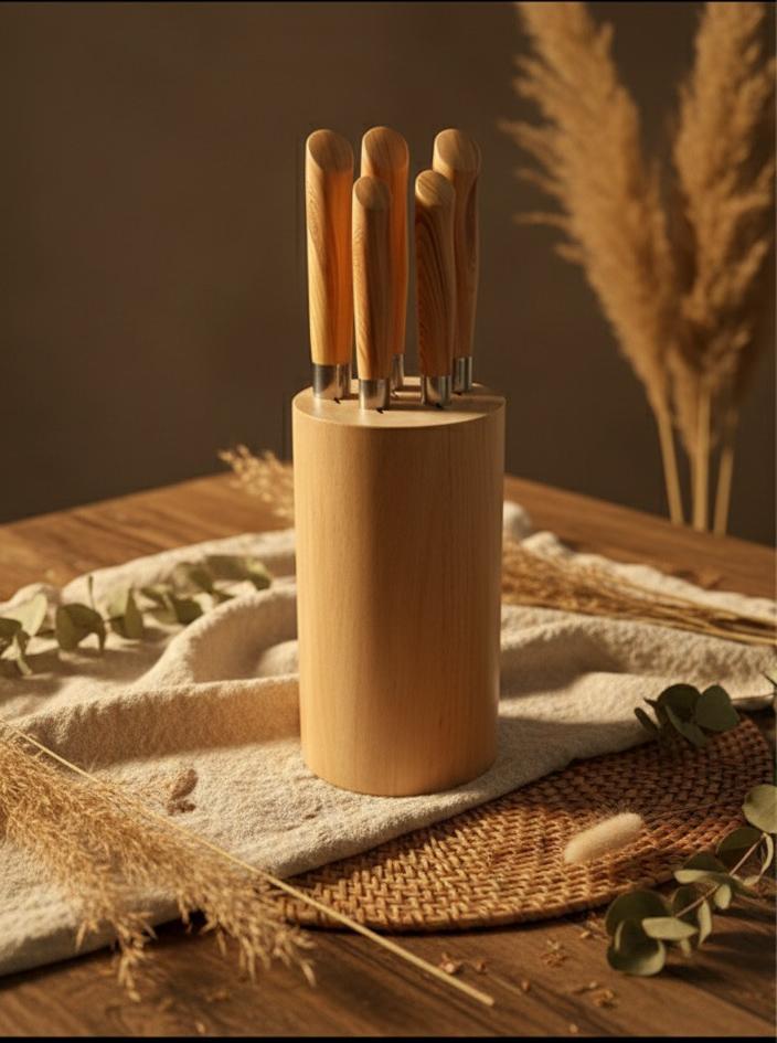 Ahşap Saplı 5’li Bıçak Seti ve Doğal Ahşap Blok – Şık, Dayanıklı ve Premium Sunum
