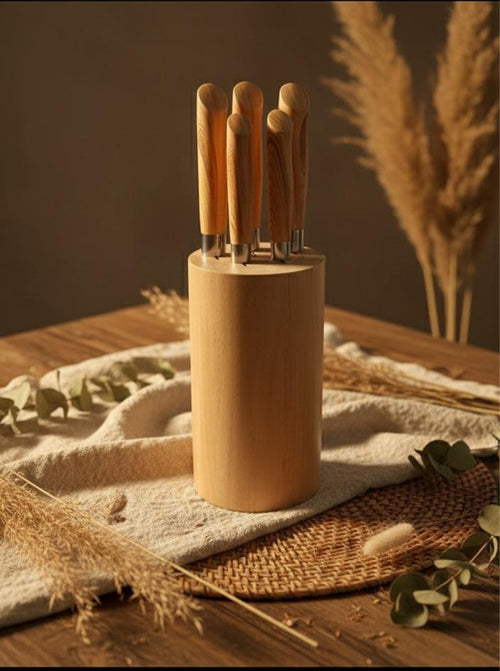 Ahşap Saplı 5’li Bıçak Seti ve Doğal Ahşap Blok – Şık, Dayanıklı ve Premium Sunum