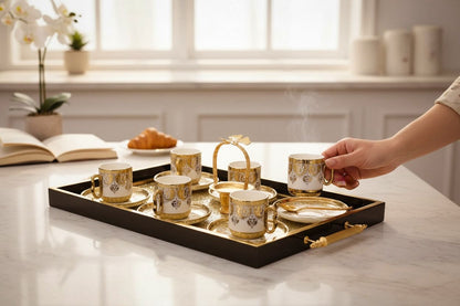 Lüks Altın Detaylı 6’lı Kahve Fincan Takımı – Tepsi Dahil