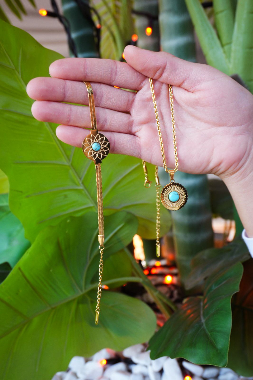 Turkuaz Taşlı Gold Kaplama Kolye & Bileklik Seti – Zarif ve Doğal Şıklık