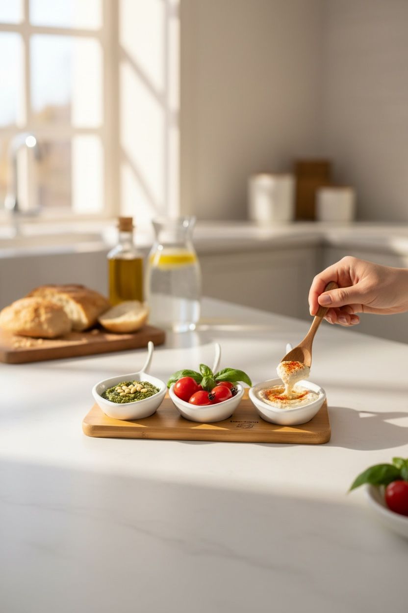 3’lü Porselen Sosluk & Mezelik Seti – Bambu Sunum Tahtalı Şık Servis Seti